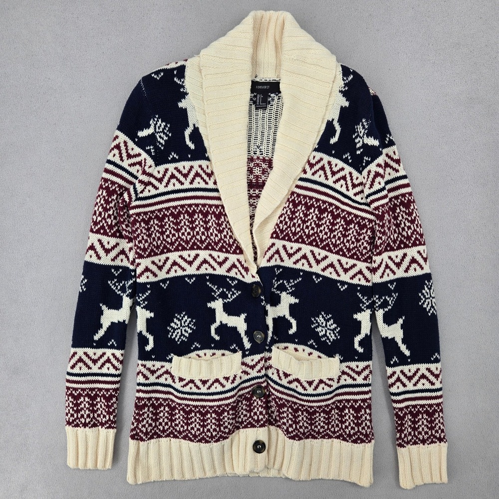 Forever 21 Women S Cardigan Fair Isle Reindeer Holiday Winter Cozy Cabin Core